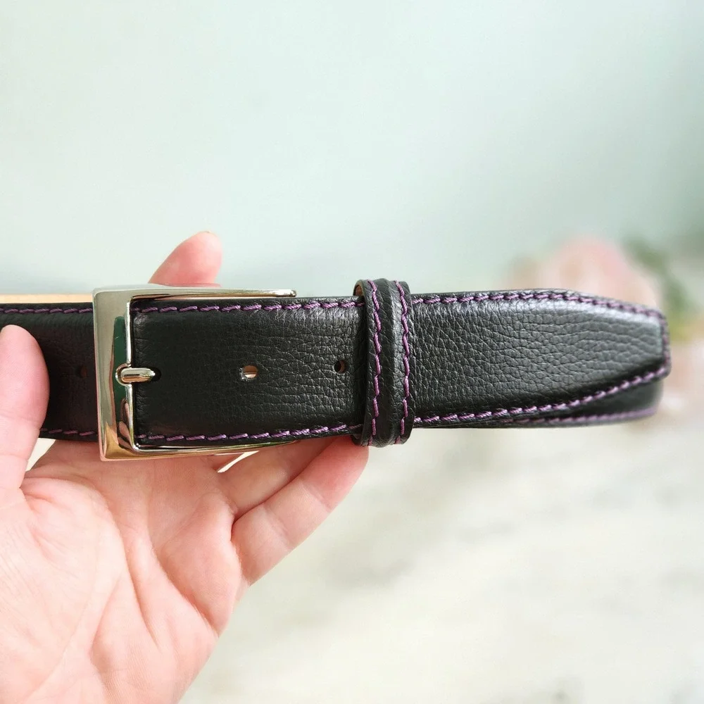Roger Ximenez Black Leather Belt Purple Stitch Solid Brass Made in Italy‎